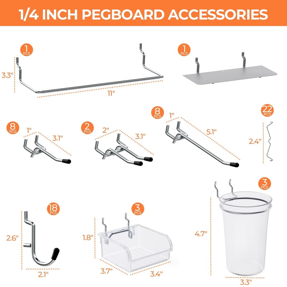 70PCS Metal Peg Board Kit with 1/4" Pegboard , 4 Pack White Pegboard Panels, ...