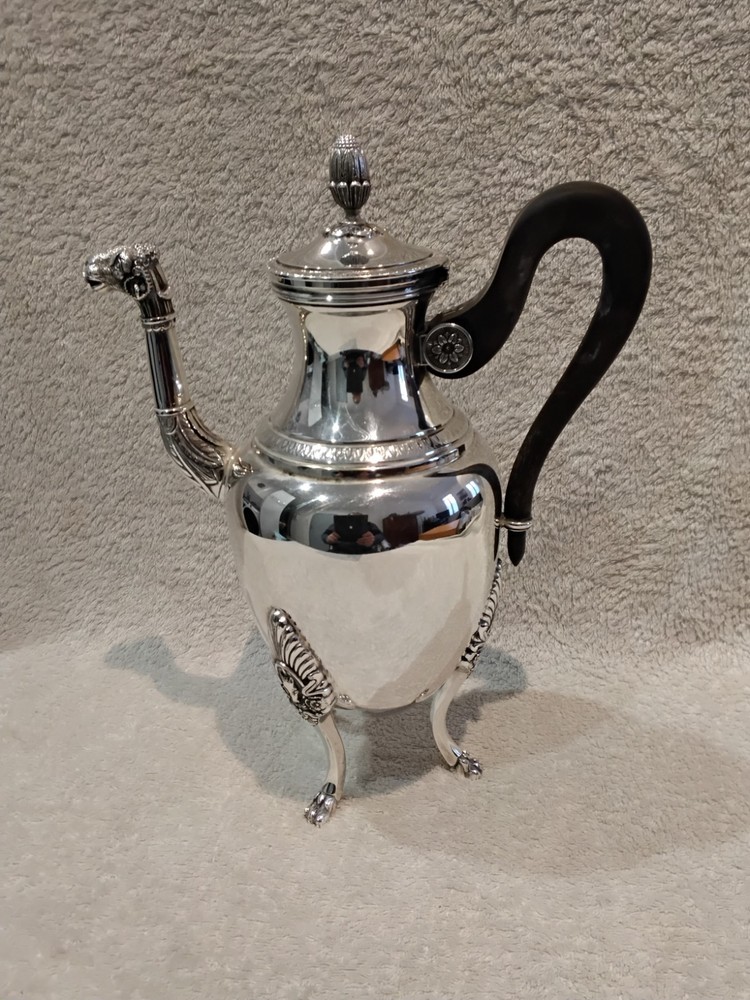 Magnifcent 1990 silver-plated tripod coffee pot Christofle Malmaison variant