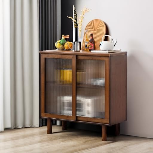 Bamboo Sideboard Buffet Cabinet, Rattan Kitchen Storage Cabinet, Boho Small