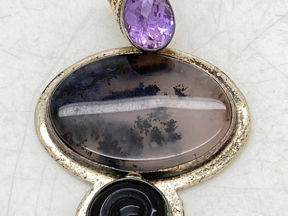 Sterling Silver Signed Michael Multi Stone Pendant 2.5” 17.4g