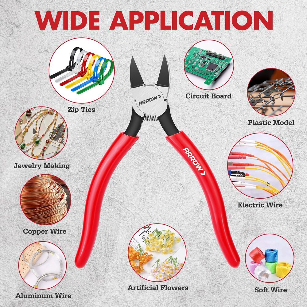 ARROW 7" Precision Wire Cutters Spring Load Side Cutter Diagonal Flush Cut Plier