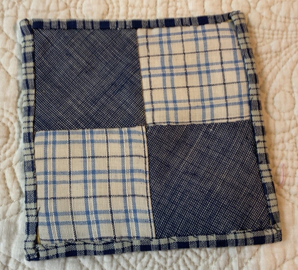 Antique Vintage Patchwork Quilt Table Topper, Small, Four Patch, Blue, White