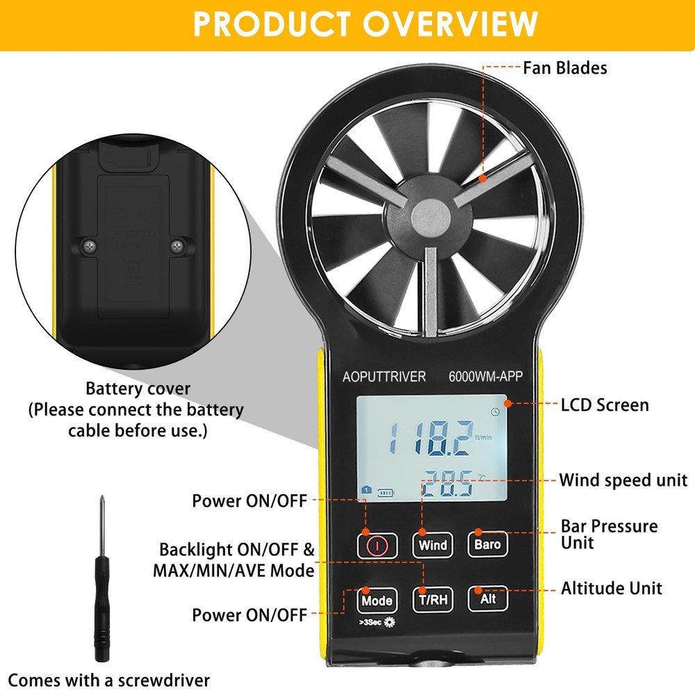 6000WMAPP Handheld Anemometer Digital Anemometer, CFM Anemometer with Temper...