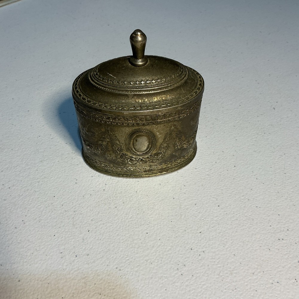 Vintage Silver Metal Ornate Jewelry Trinket Box Butterfly Swallow Floral Garland