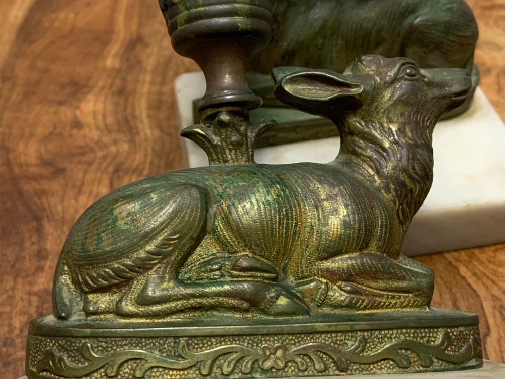 Pr Victorian Brass GARNITURES DEER with VASE INSERTS in MASK Frames Marble Bases