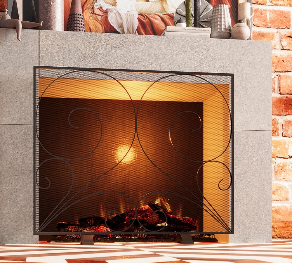 Single Panel Fireplace Screen Handcrafted Solid Wrought Iron Mesh, Heat-Resis...