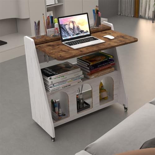 Home Office Desk with Wheels,Multipurpose Mobile Rustic Brown