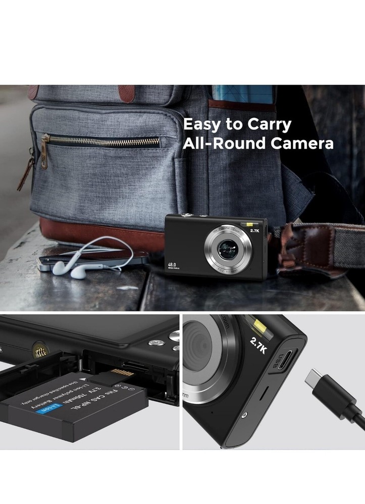 Digital Camera, Autofocus Compact Camera HD 2.7K 48MP with 2.8" Large Screen