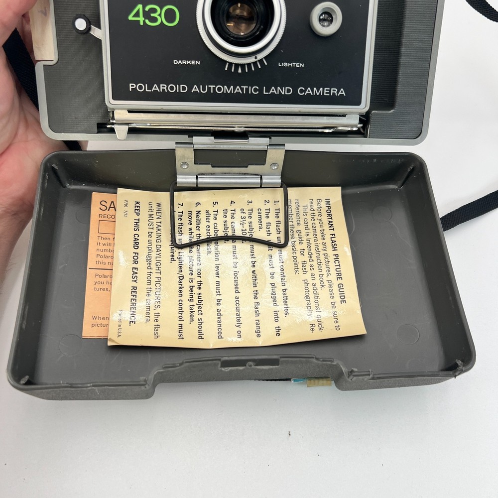 Vintage Polaroid 430 Automatic Land Camera with Strap & 490 Focus Flash Untested