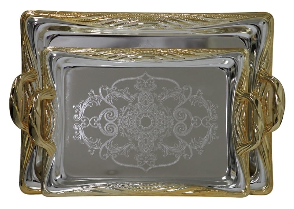 2-Piece Silver & Gold Plated Serving Tray Gift Set, 17" & 14" Rectangular Sta...