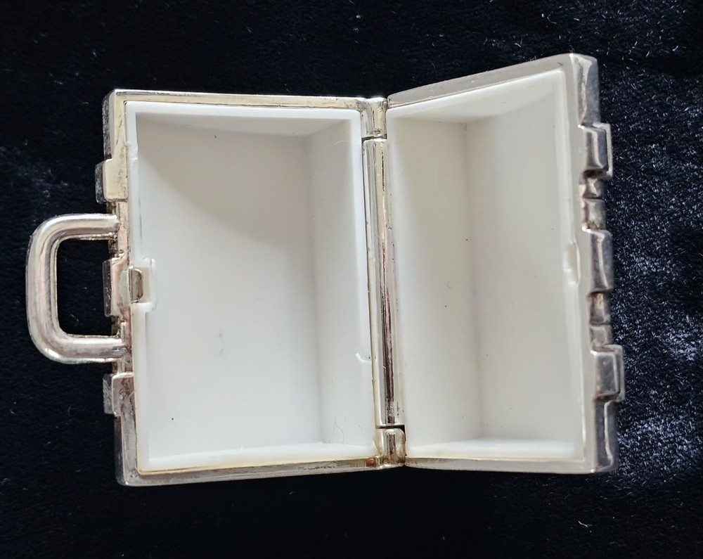 Vintage Silver Tone Mini Suitcase Trinket/Pill Box Red Rhinestones Engraved SJB