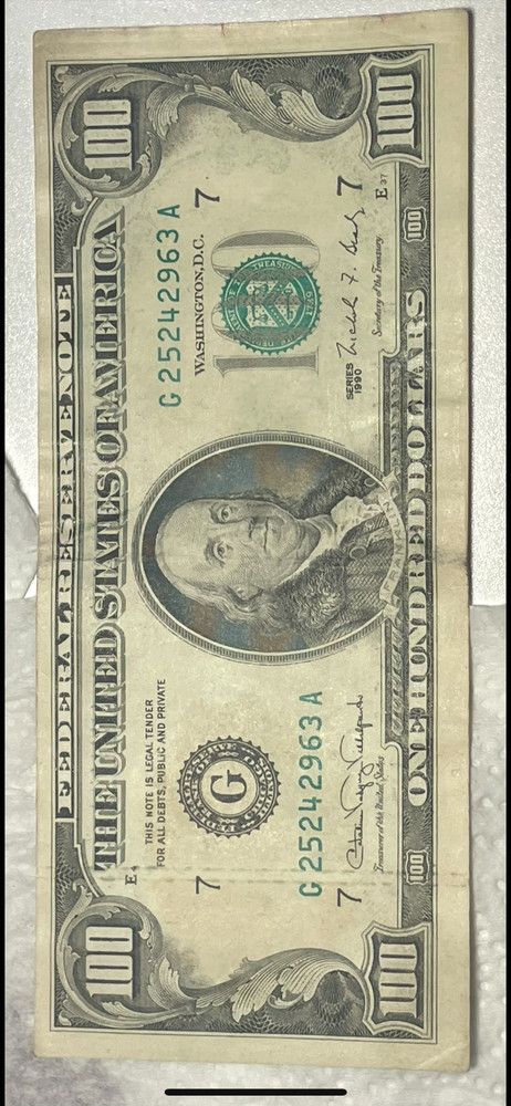 $100 bill 1990  with error/ misalignment