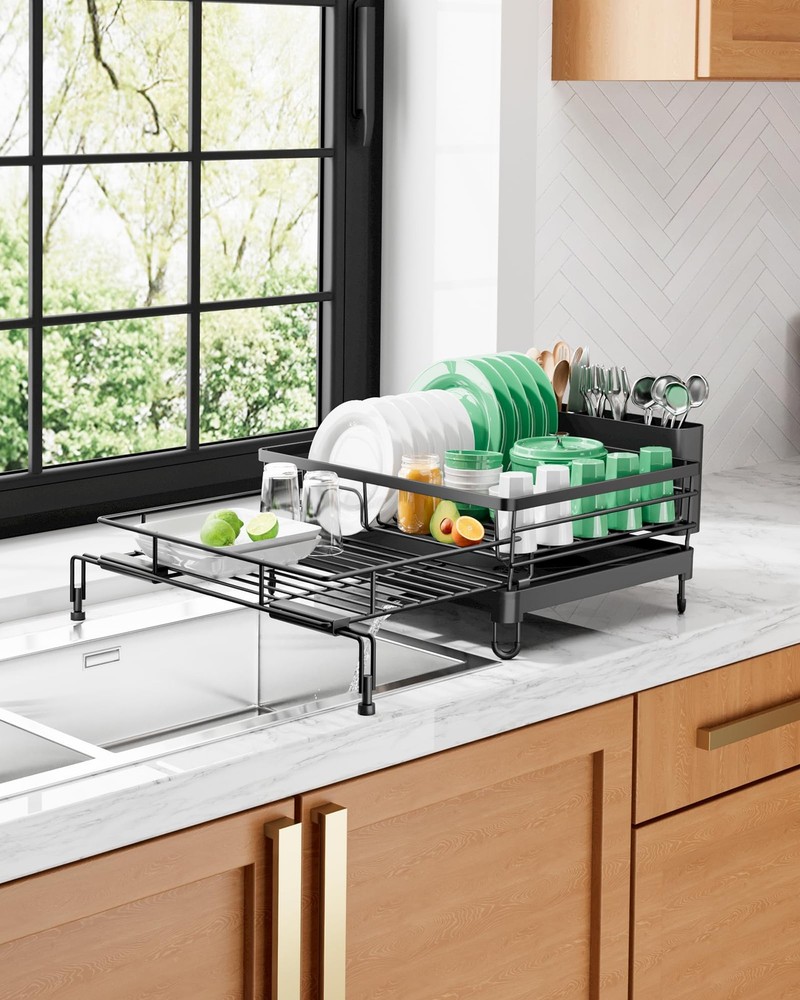Extendable Dish Drying Rack Rust Resistant Adjustable Legs Cutlery Black