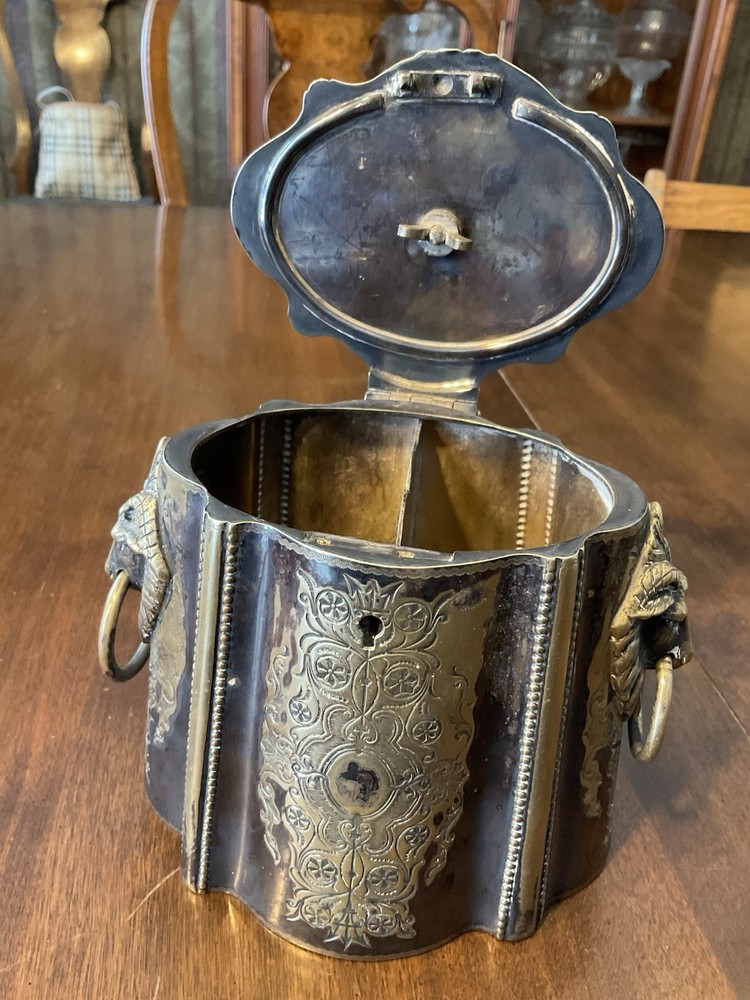 Antique Victorian Silverplate Silver Biscuit Tin / Tea Caddy Rams Head Etched