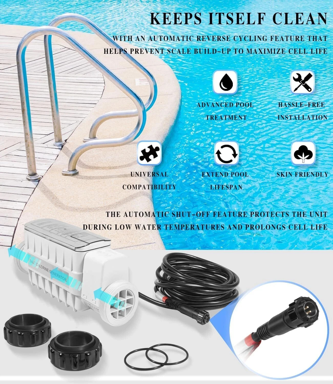 520555 Salt Chlorine Generator Cell 40K Gallon Pool 15ft Cable 2in PVC Unions