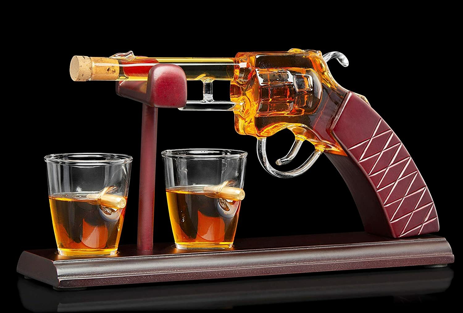 Gun Whiskey Decanter With A Set Of 2 Bullet Glasses & Mahogany Wooden Base 100ml