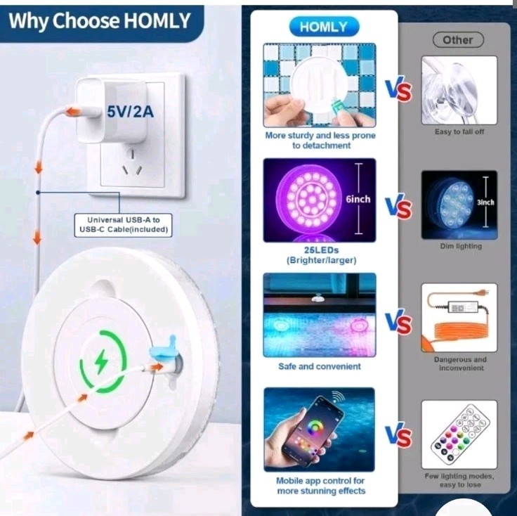 Rechargeable Submersible LED Pool Lights Wireless APP Control Waterproof 4 Pack