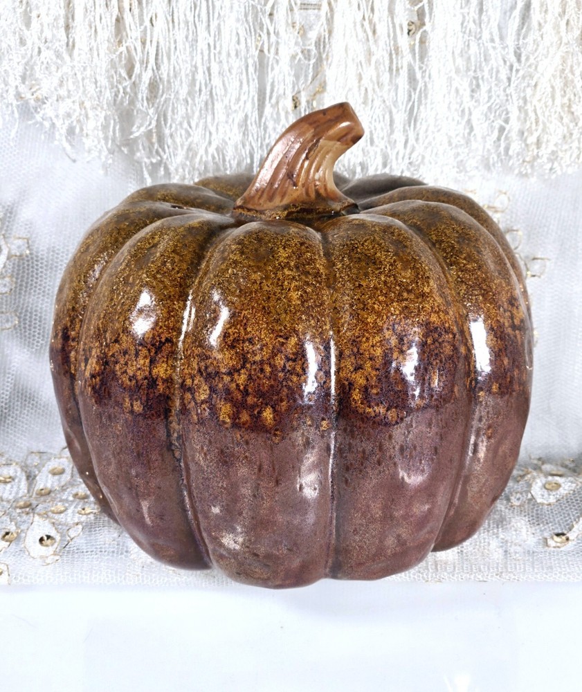 Ceramic Pumpkin 2-Toned Brown Drip Glaze 5.75"H