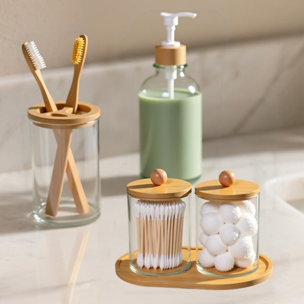 5 Pack Bamboo Bathroom Accessories Set with Tray - Plastic Soap Dispenser Cle...