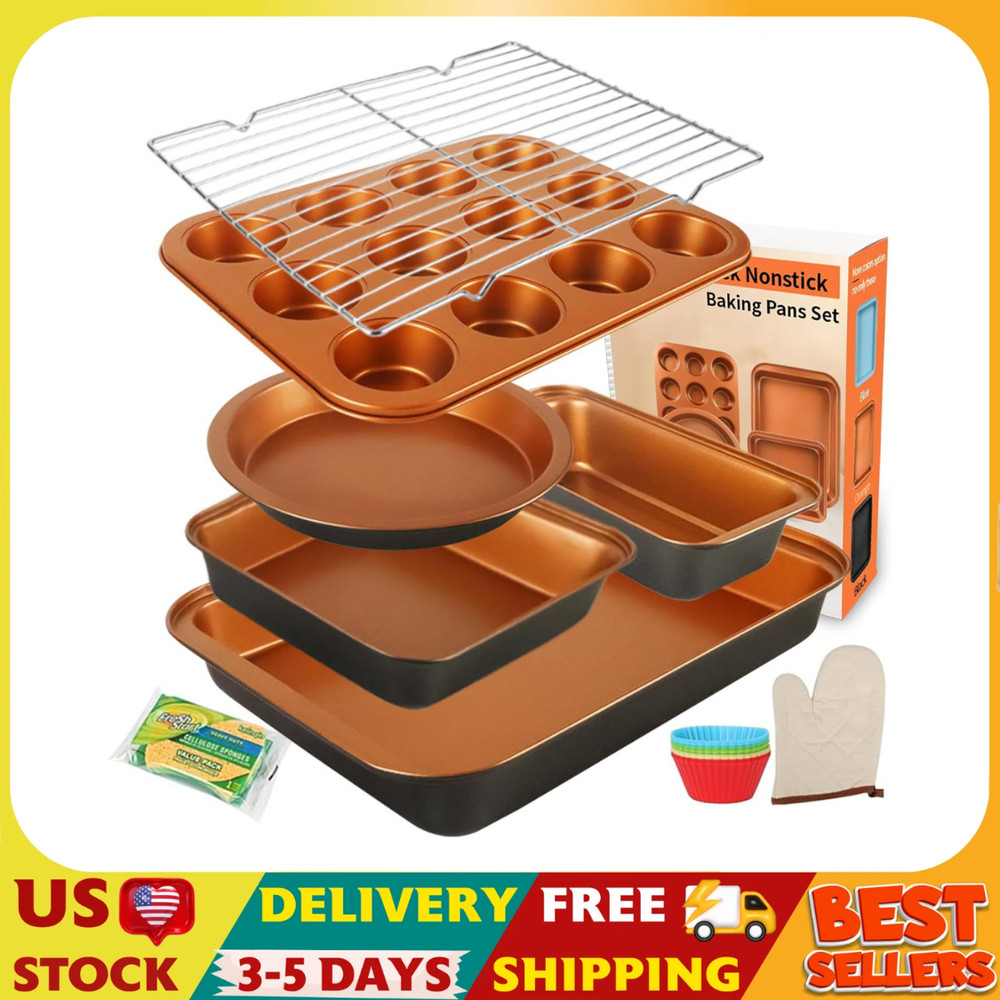 Baking Pans Set 6-Pieces, Non Stick Bakeware Set Stackable, with Cookie Sheet, M