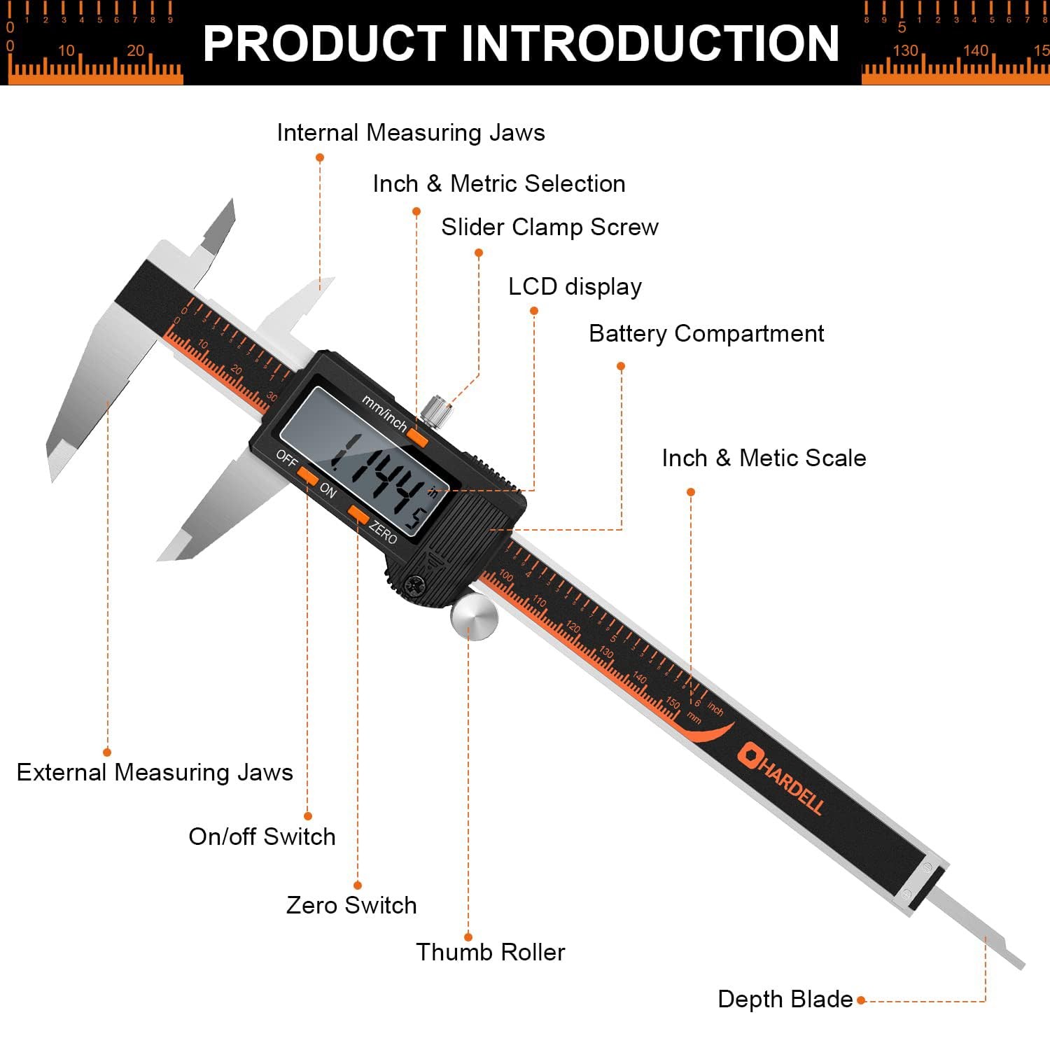 HARDELL Digital Caliper, 6 Inch Stainless Steel Caliper Measuring Tool with Larg