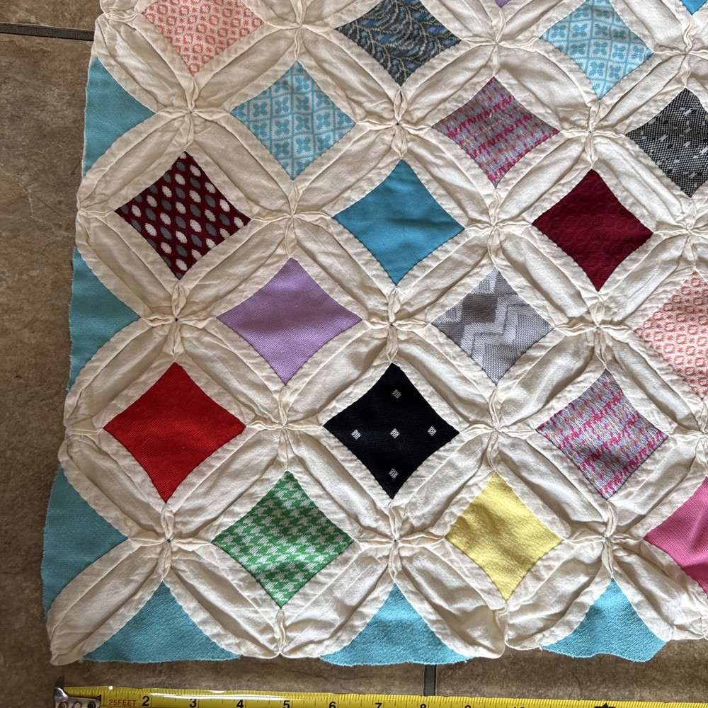Vtg Cathedral Window Pattern Multicolored Quilt Handmade 80” X 49” Needs Work