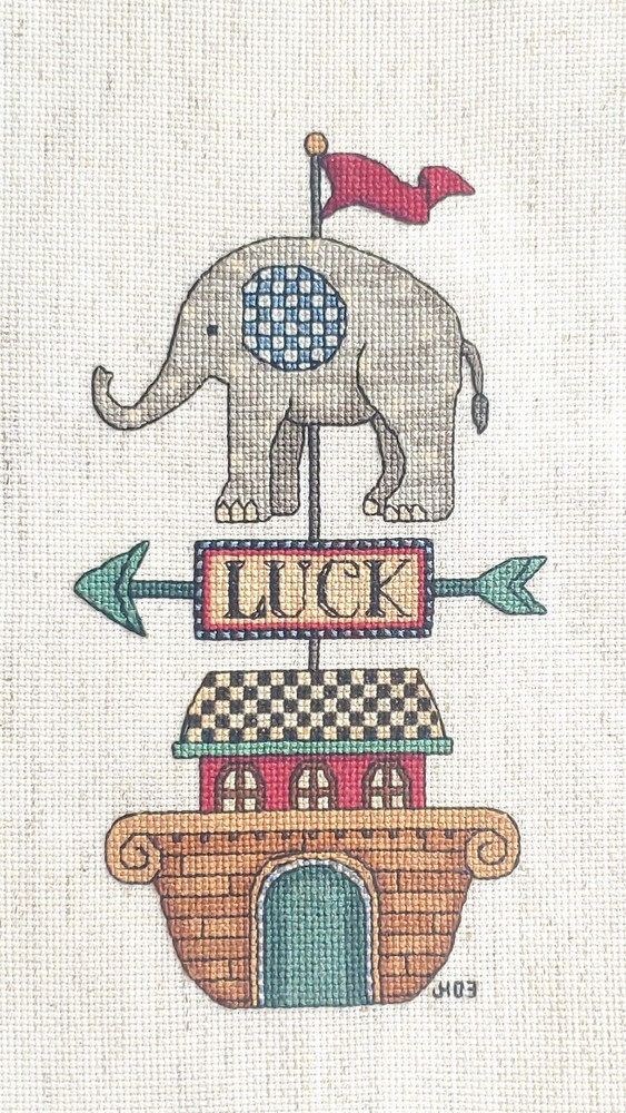 Elephant Needlepoint Panel Trunk Up Good Luck Wall Art Pillow Completed