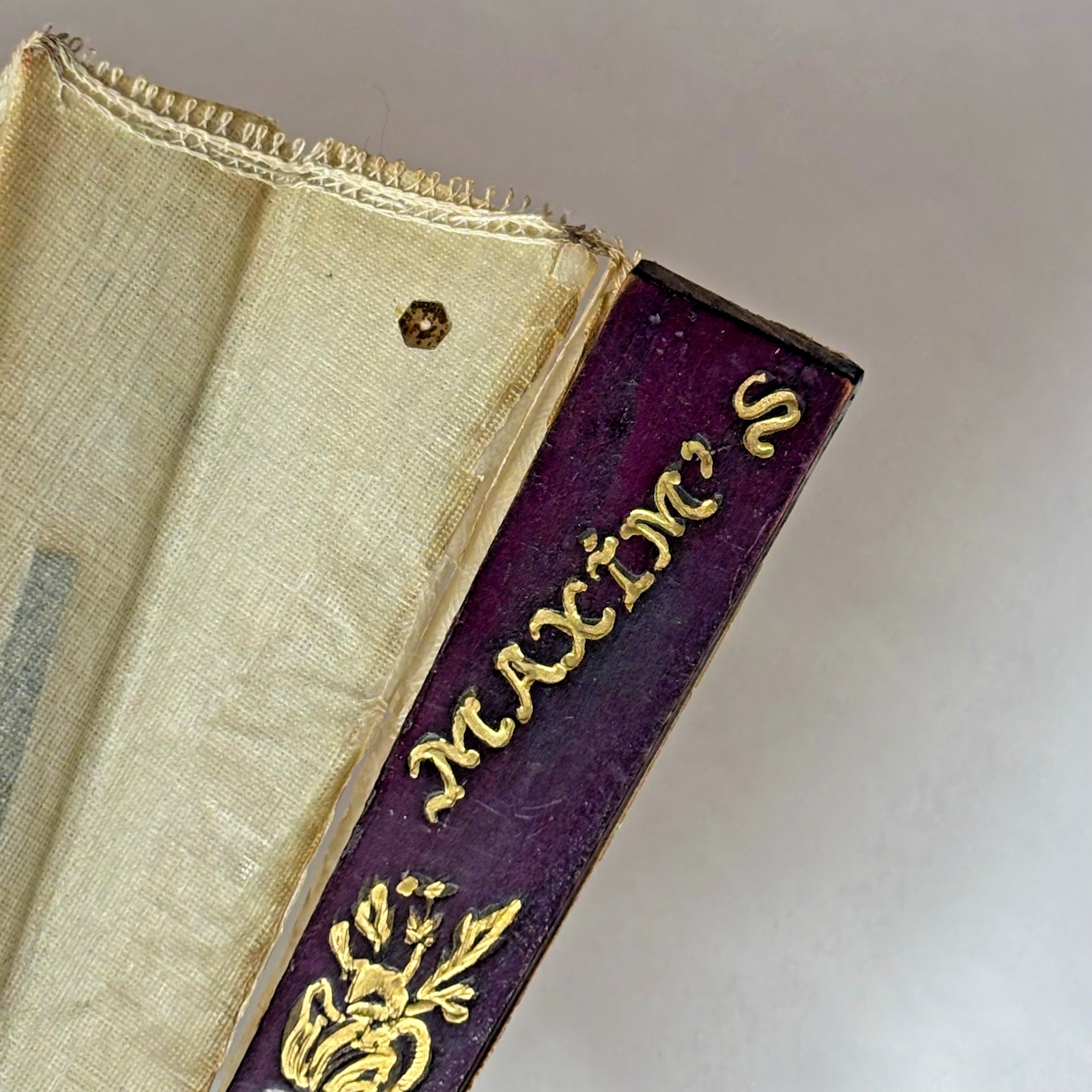 Maxim's France vintage linen folding fan purple pansy sequins