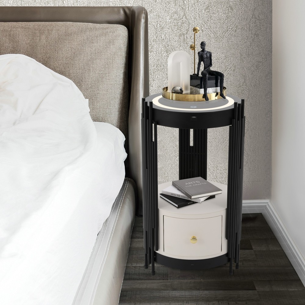 LED Bed Side Table Smart Nightstand w/ Wireless Charging Station Side/End Table