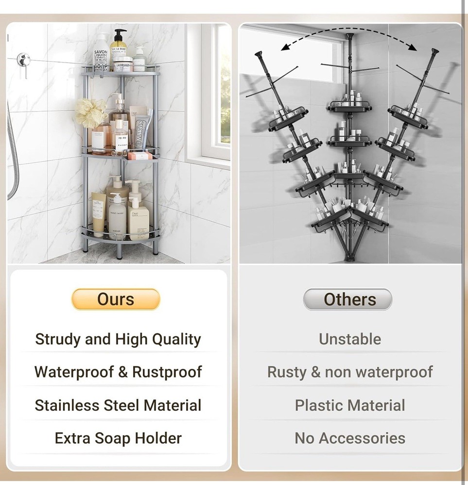 3 Tier Corner Shower Caddy Standing Rustproof Metal Organizer Adjustable ELYKEN