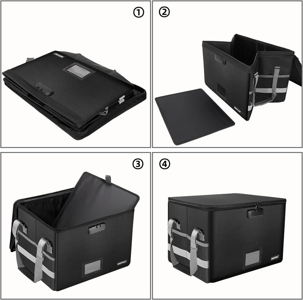 File Box with Lock,Fireproof Document Box with Zipper＆Pockets,Collapsible File O