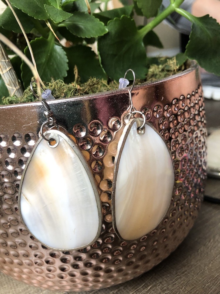 White Shell tear drop dangle artisan made earrings