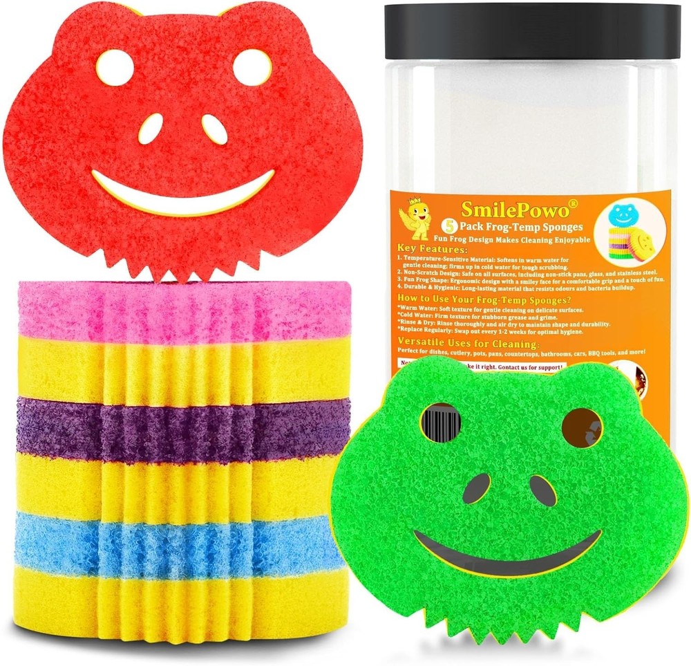 5 Pack Frog Dual-Sided Multi-Functional Scrub Sponge, Dual-Sided Temperature ...