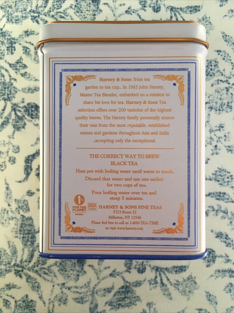 Harney & Sons Paris Tea Tin Metal Lidded Container Blue White Gold Empty EUC