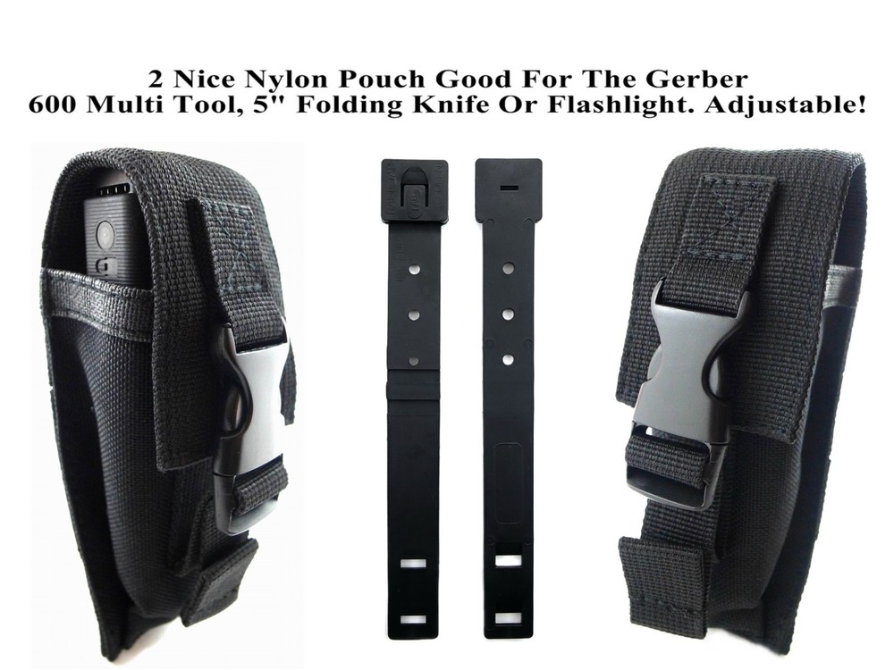 2 BLK Nylon Pouch/ Sheath For Gerber 600 Multi Tool, 5" Folding Knife Flashlight
