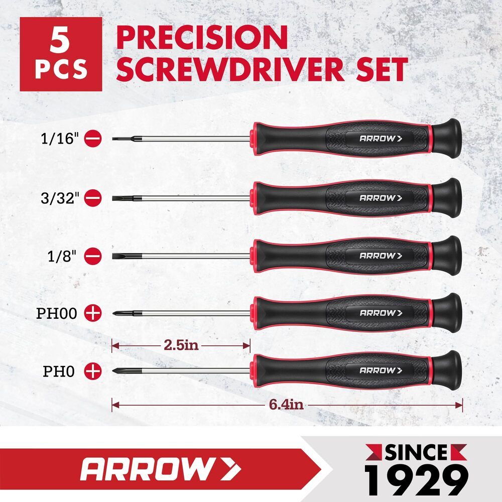 ARROW 5PCS Magnetic Precision Screwdriver Set Phillips Slotted Mini Screw Driver