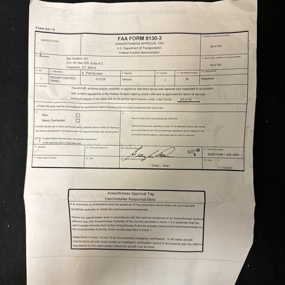 Radar Control Panel; G-2228; 26; REPAIRED