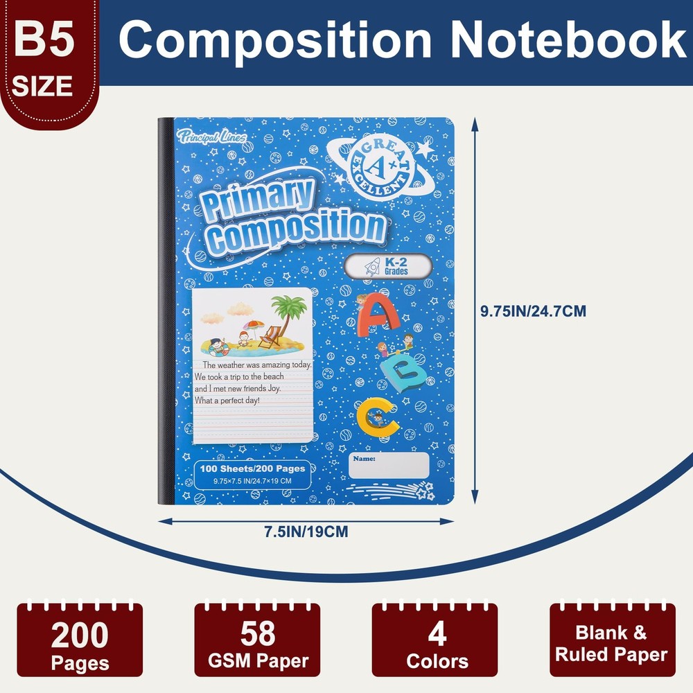 24 Pack Primary Composition Notebook K-2, Primary Ruled Journal, Draw and Wri...