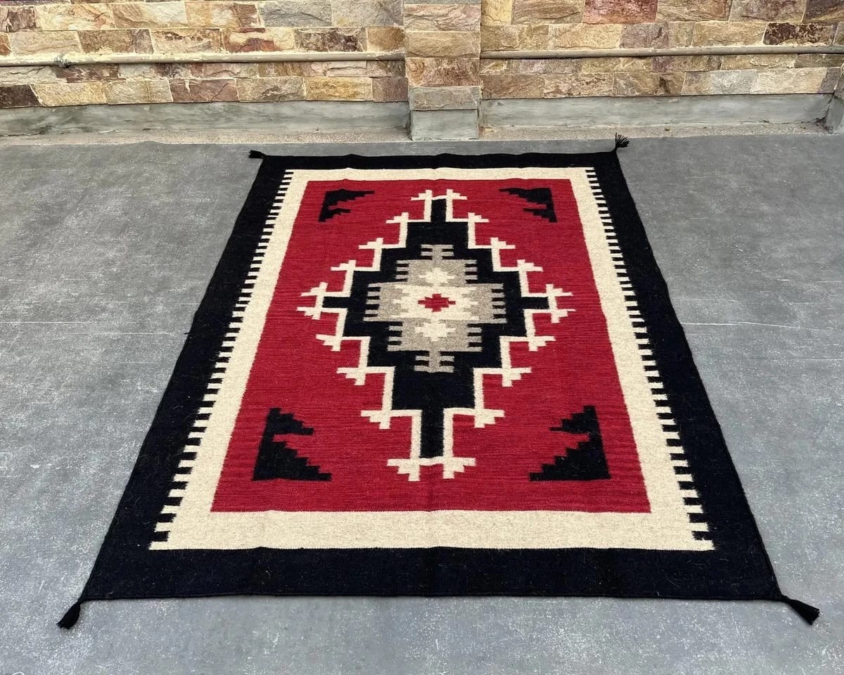 Southwest Red Navajo Wool Rug Handwoven Native American Art Aztec Large Area Rug