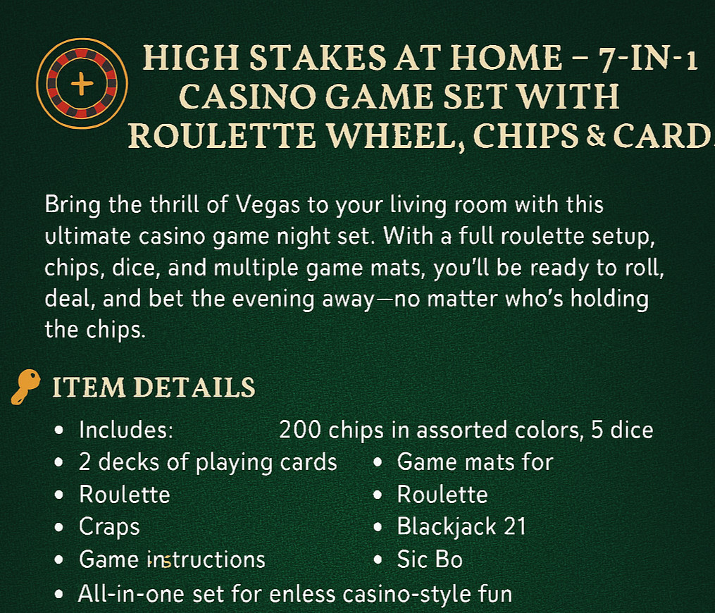 🎲 HIGH STAKES AT HOME – 7-in-1 Casino Game Set w/ Roulette Wheel, Chips & Cards
