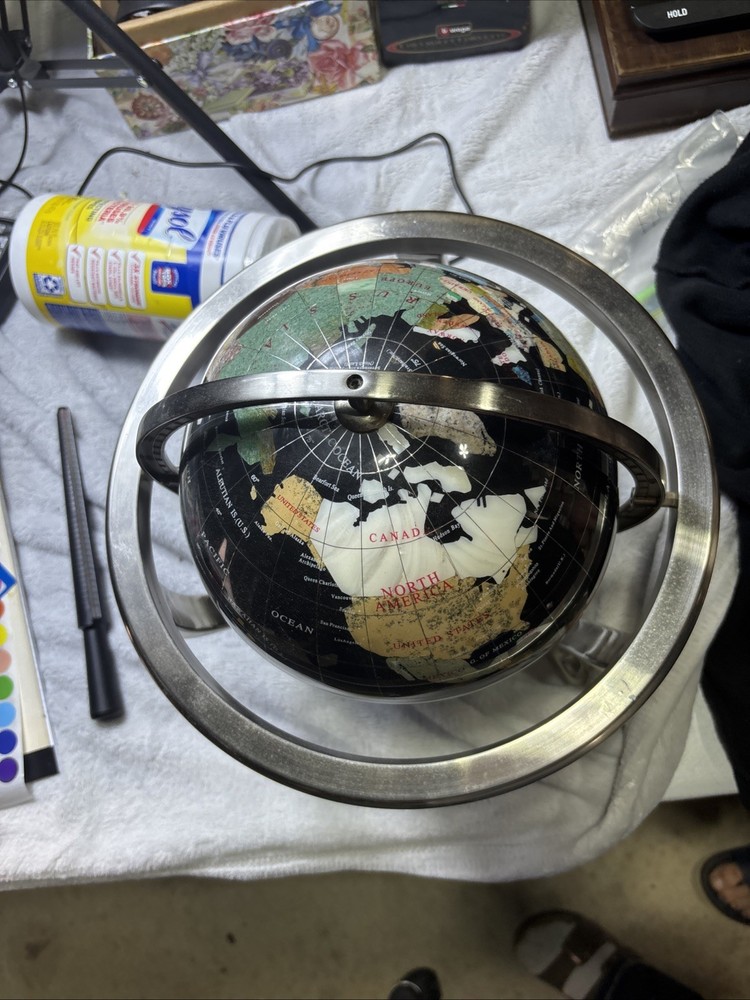 14" Black ocean Silver 3- leg table stand Gem MOP Gemstone World MAP globe