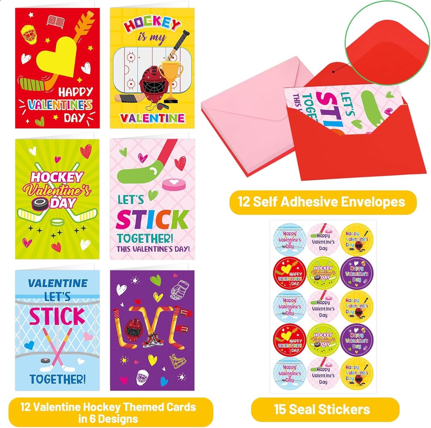 Hockey Valentine's Day Cards with Envelopes, 12-Pack for Kids