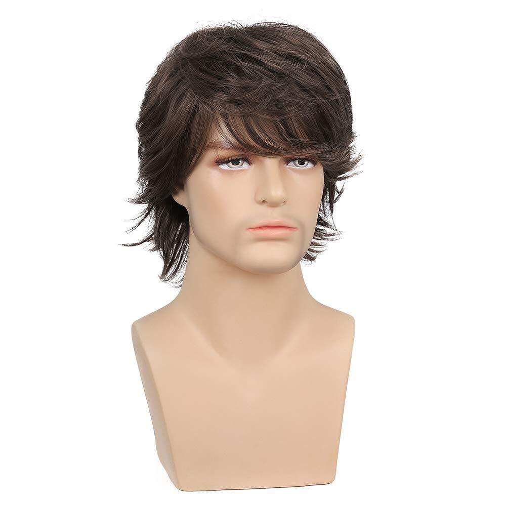 Men's Short Brown Wig Natural Fluffy Synthetic Hair Wig Heat Resistant Daily USA