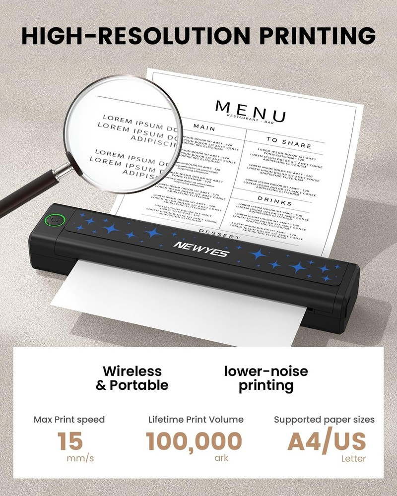 NEWYES Portable Thermal Printer Inkless Printer Wireless Connectivity Busines...