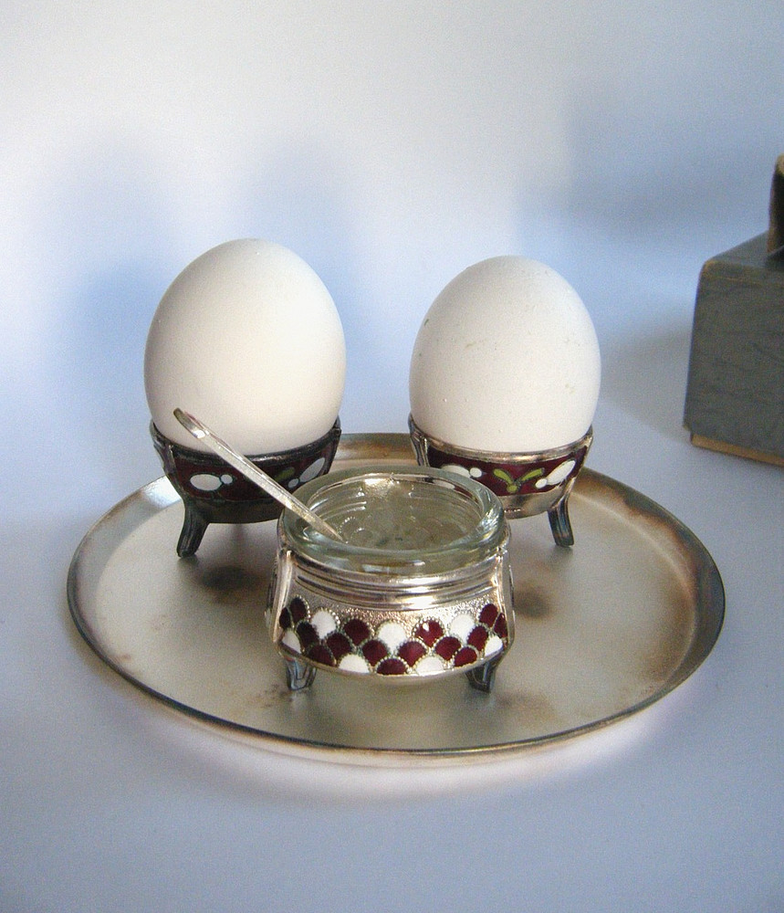 Hommet Vintage 70s NEW Russian Silver Plate Cloisonné Enamel Egg Holder Salt Set