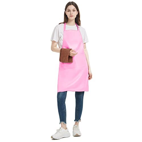 4 Packs Chef Apron with 2 Pockets, Waterproof Adjustable Polyester Blend Pink