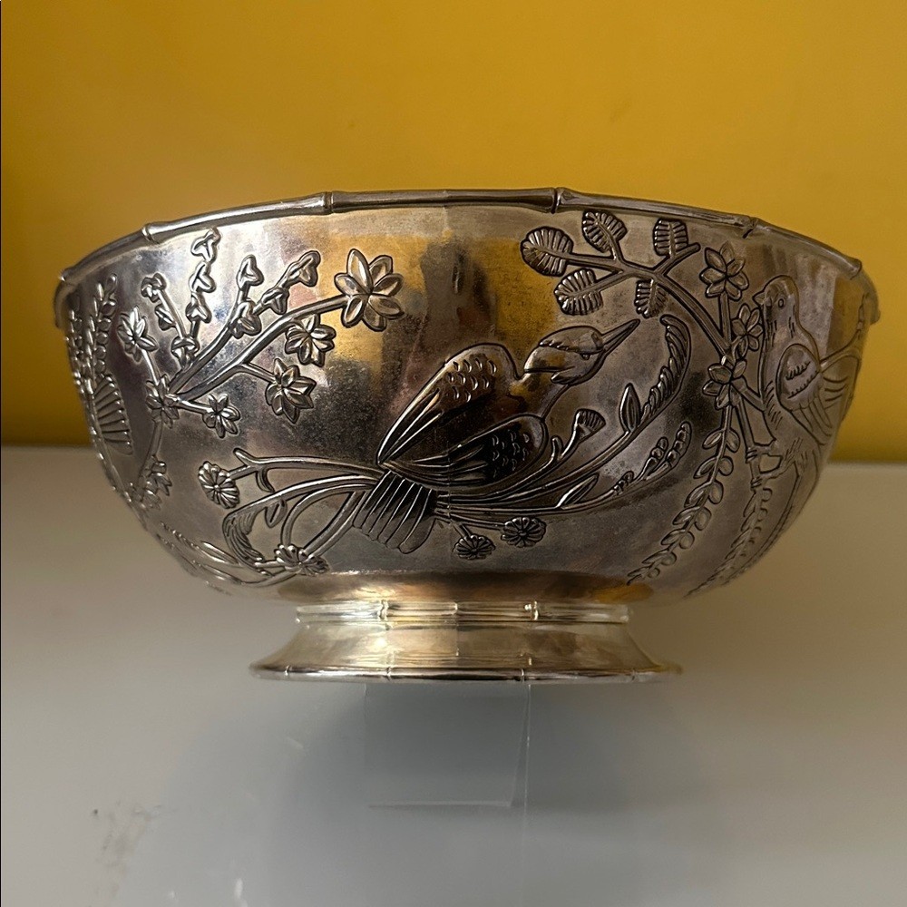 Godinger Silver Plate Decorative Large Fruit Bowl with Flower and Bird Design