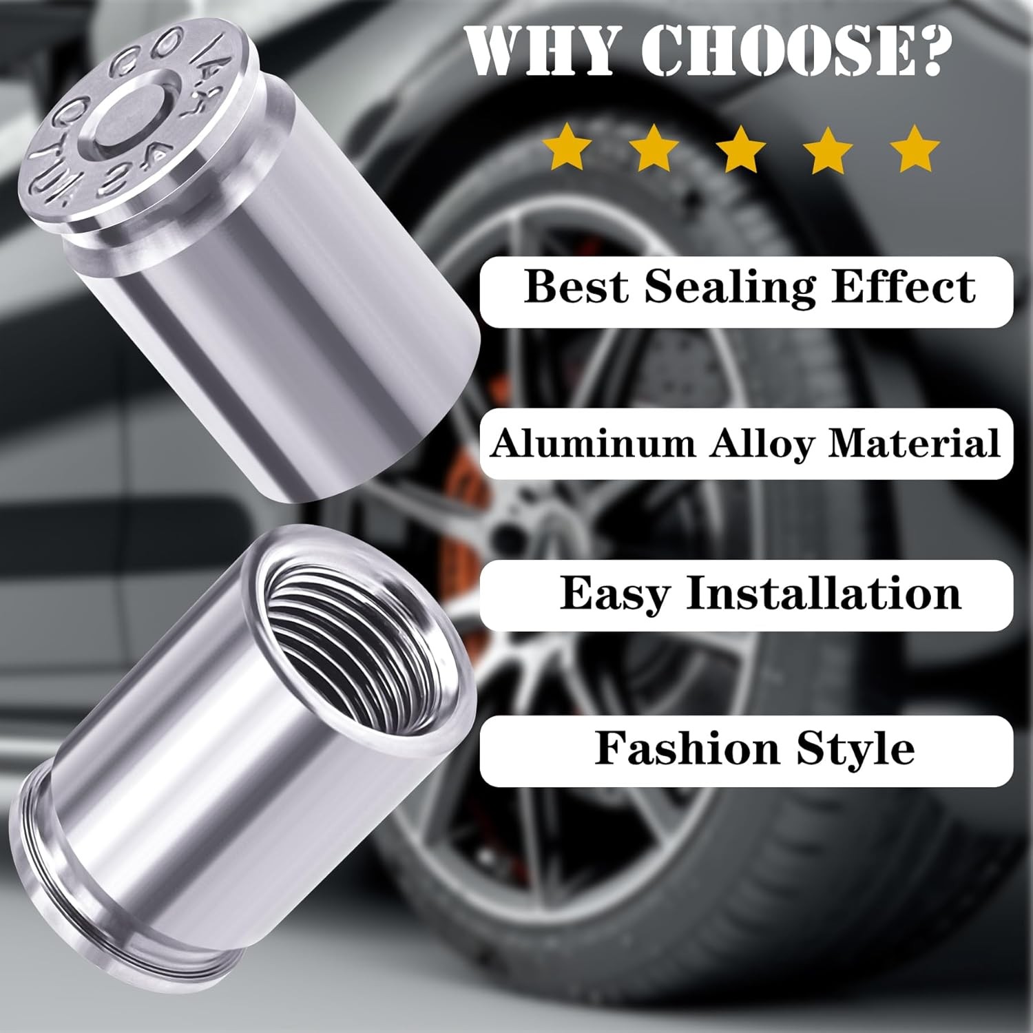 4PCS Bullet Shell Tire Valve Stem Caps, Aluminum Alloy Car Air Stem Cap, Univers
