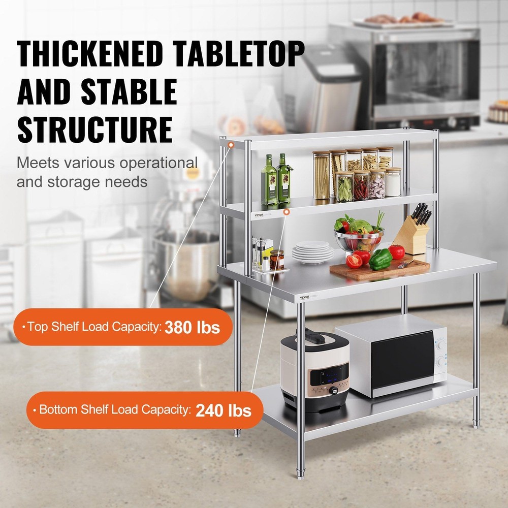 12 x 48" Double Deck Overshelf Prep Work Table Height Adjustable Overshelf