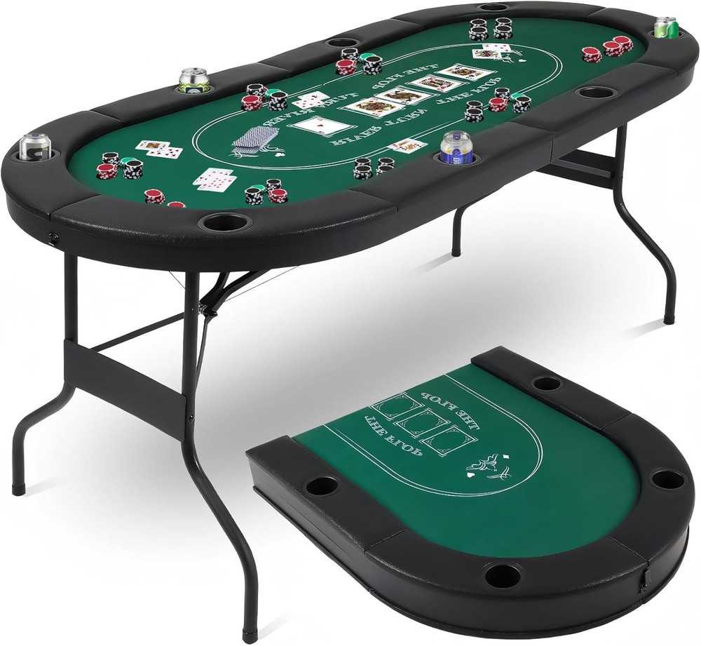 72" Foldable 8-Player Poker Table with Cup Holders & Padded Rails